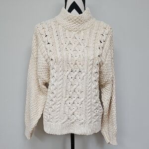 Vtg Stella McKay Cotton Cream Cable Knit Mock Turtleneck Chunky Sweater Sz OSFM